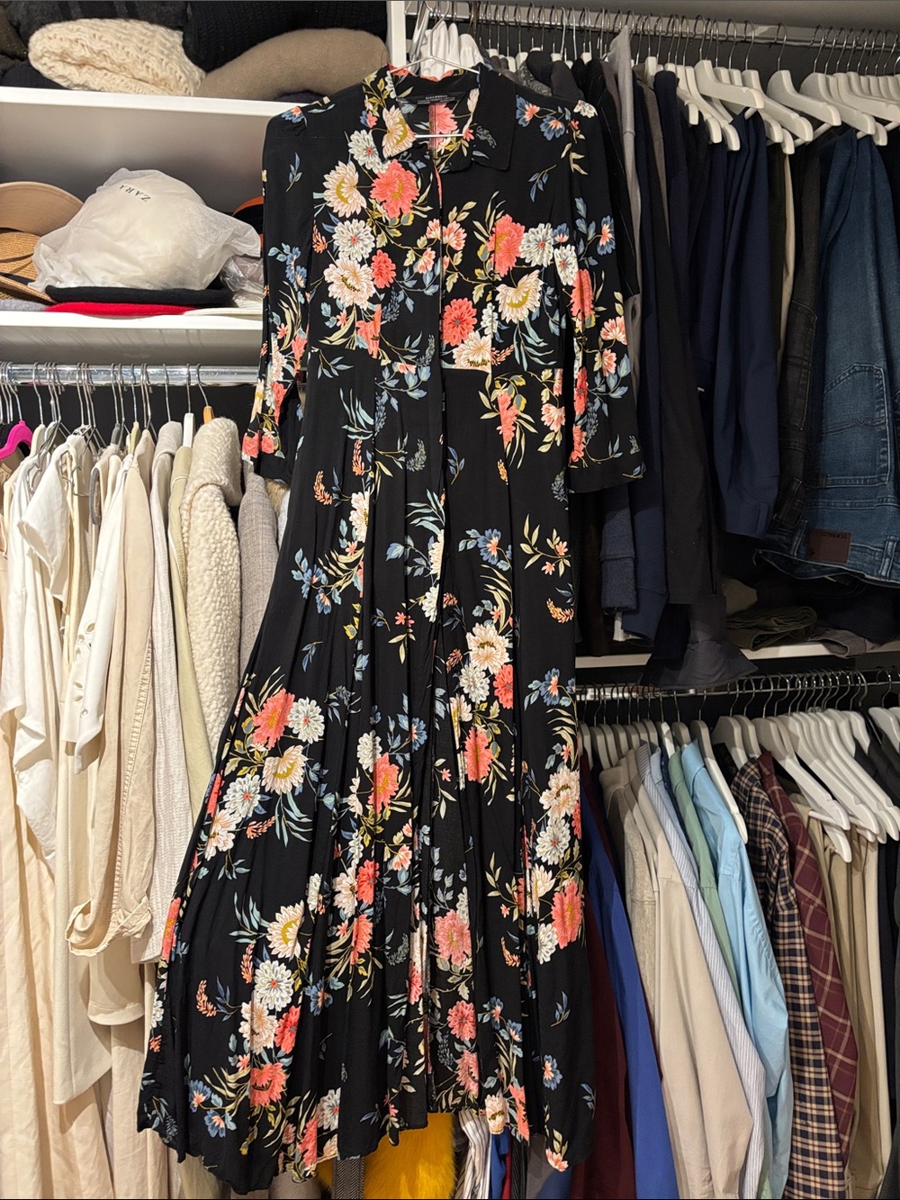 Zara Black Maxi Dress with Coral, White & Light Blue Floral Print